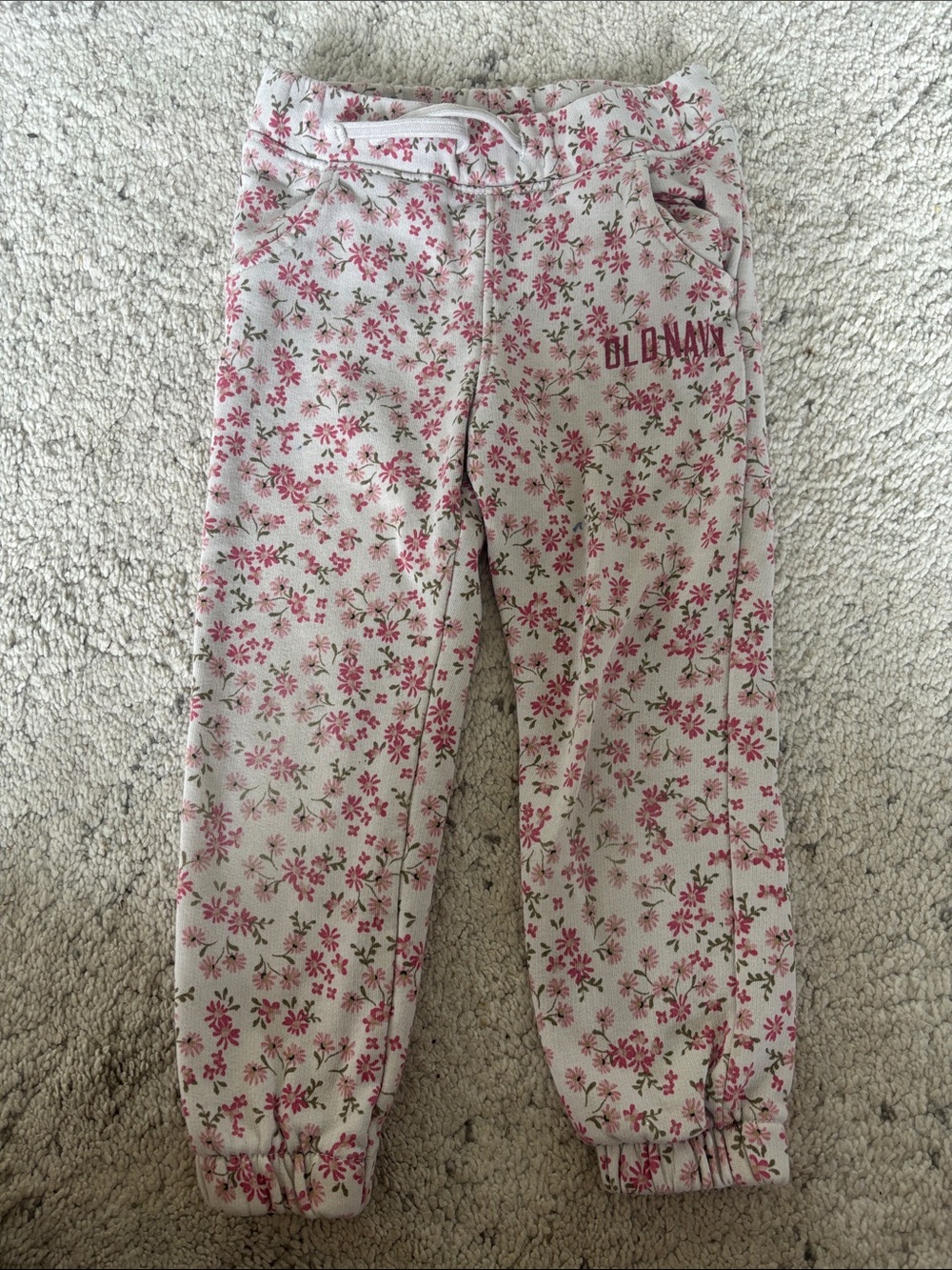 Girls 3T Old Navy Cream Jogger Pants with Pink Floral Print